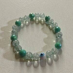 Green and Clear Beaded Bracelet with Evil Eye Protection Charm